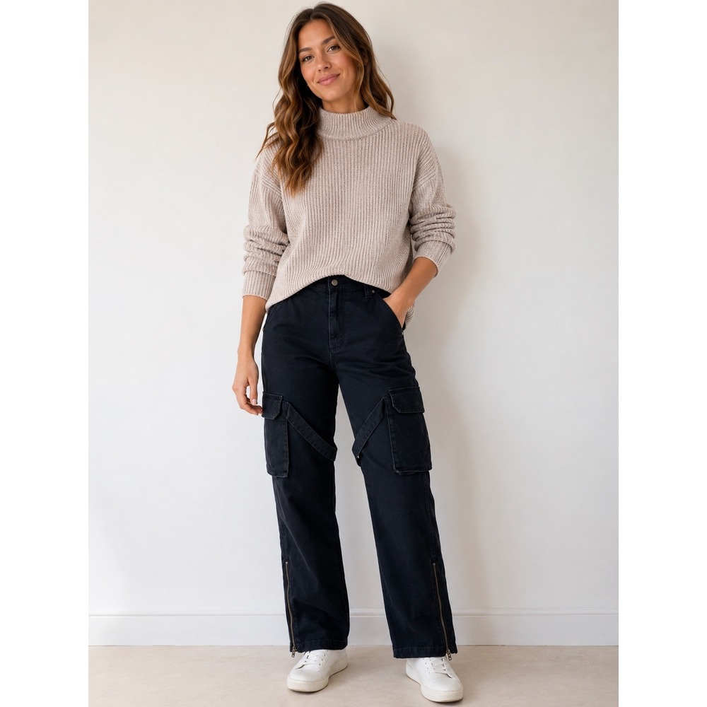 Standard Cloth Women Black Cargo Pants High Rise Strap Detail Ankle Zip